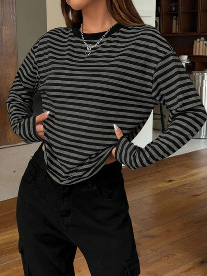 Ophelia Striped Long Sleeve Crew Neck Tee - Grey