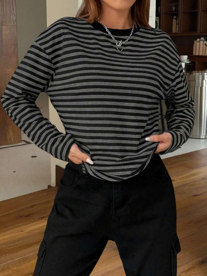 Ophelia Striped Long Sleeve Crew Neck Tee - Grey