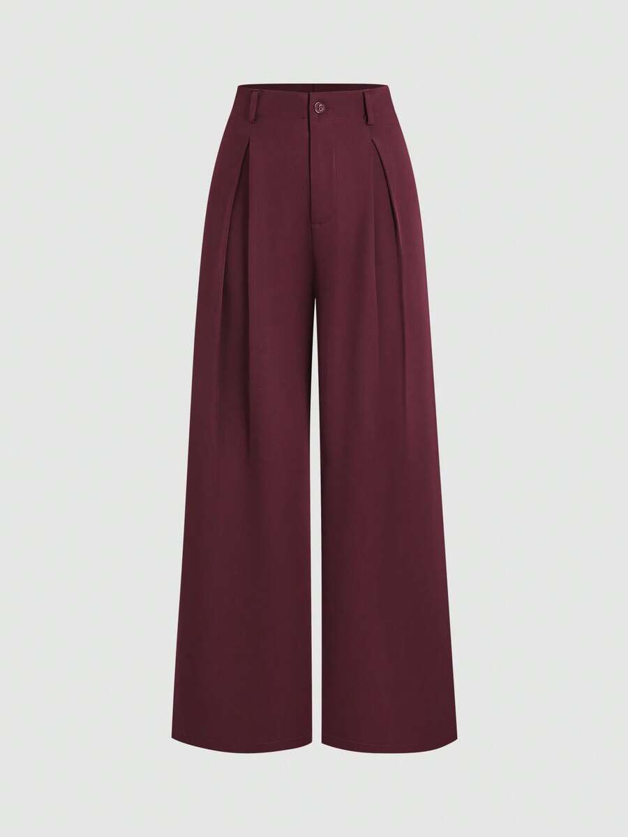 Katya Pleated Wide Leg Pants Tailored High Rise Trousers - Burgundy