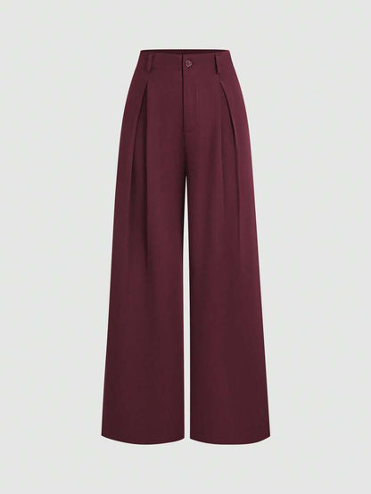 Katya Pleated Wide Leg Pants Tailored High Rise Trousers - Burgundy