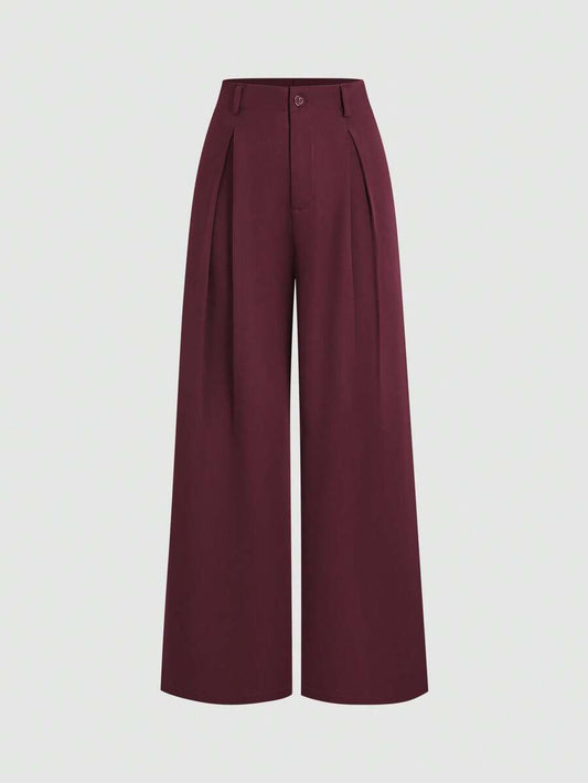 Katya Pleated Wide Leg Pants Tailored High Rise Trousers - Burgundy