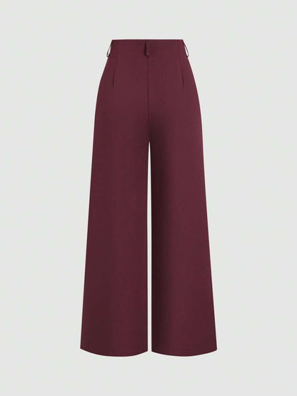Katya Pleated Wide Leg Pants Tailored High Rise Trousers - Burgundy