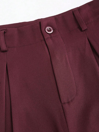 Katya Pleated Wide Leg Pants Tailored High Rise Trousers - Burgundy