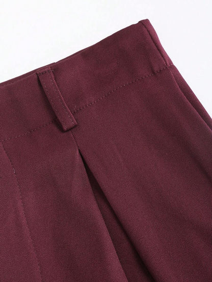 Katya Pleated Wide Leg Pants Tailored High Rise Trousers - Burgundy