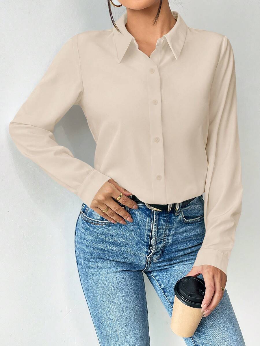 Pia Button Front Long Sleeve Blouse Classic Collared Shirt - Beige