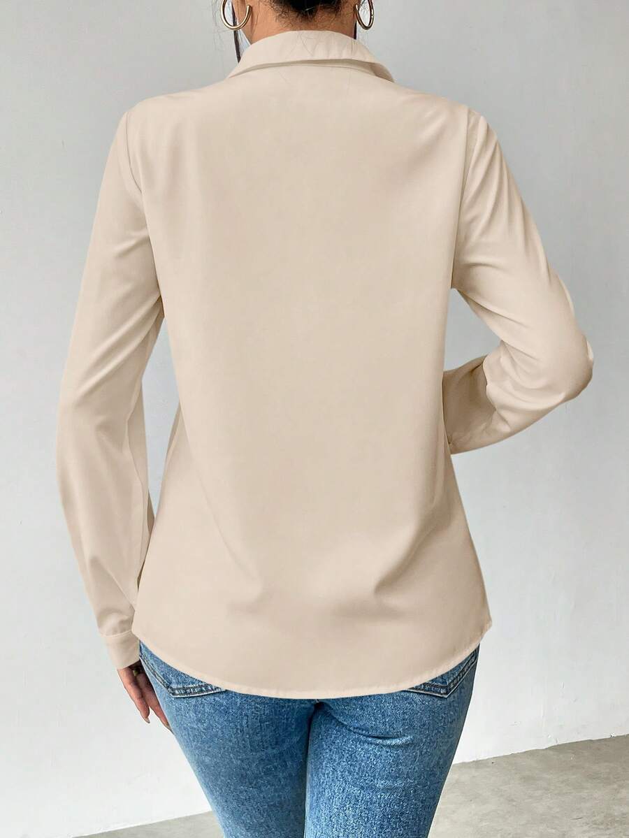 Pia Button Front Long Sleeve Blouse Classic Collared Shirt - Beige