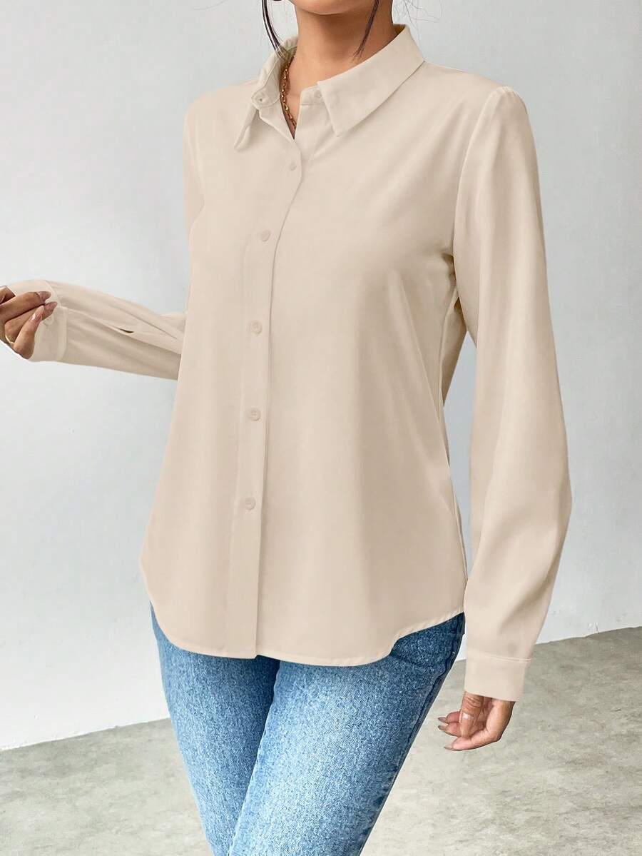 Pia Button Front Long Sleeve Blouse Classic Collared Shirt - Beige