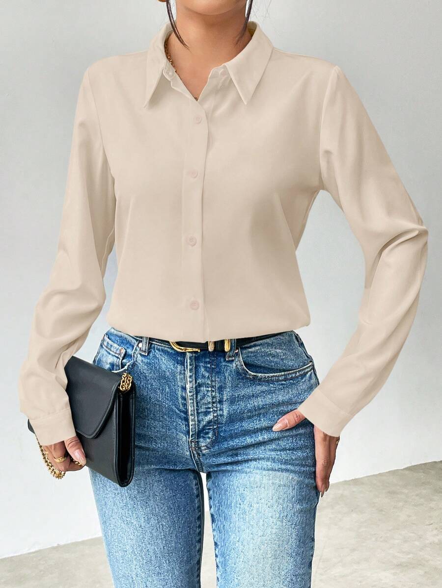 Pia Button Front Long Sleeve Blouse Classic Collared Shirt - Beige