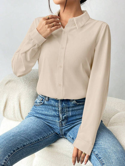 Pia Button Front Long Sleeve Blouse Classic Collared Shirt - Beige