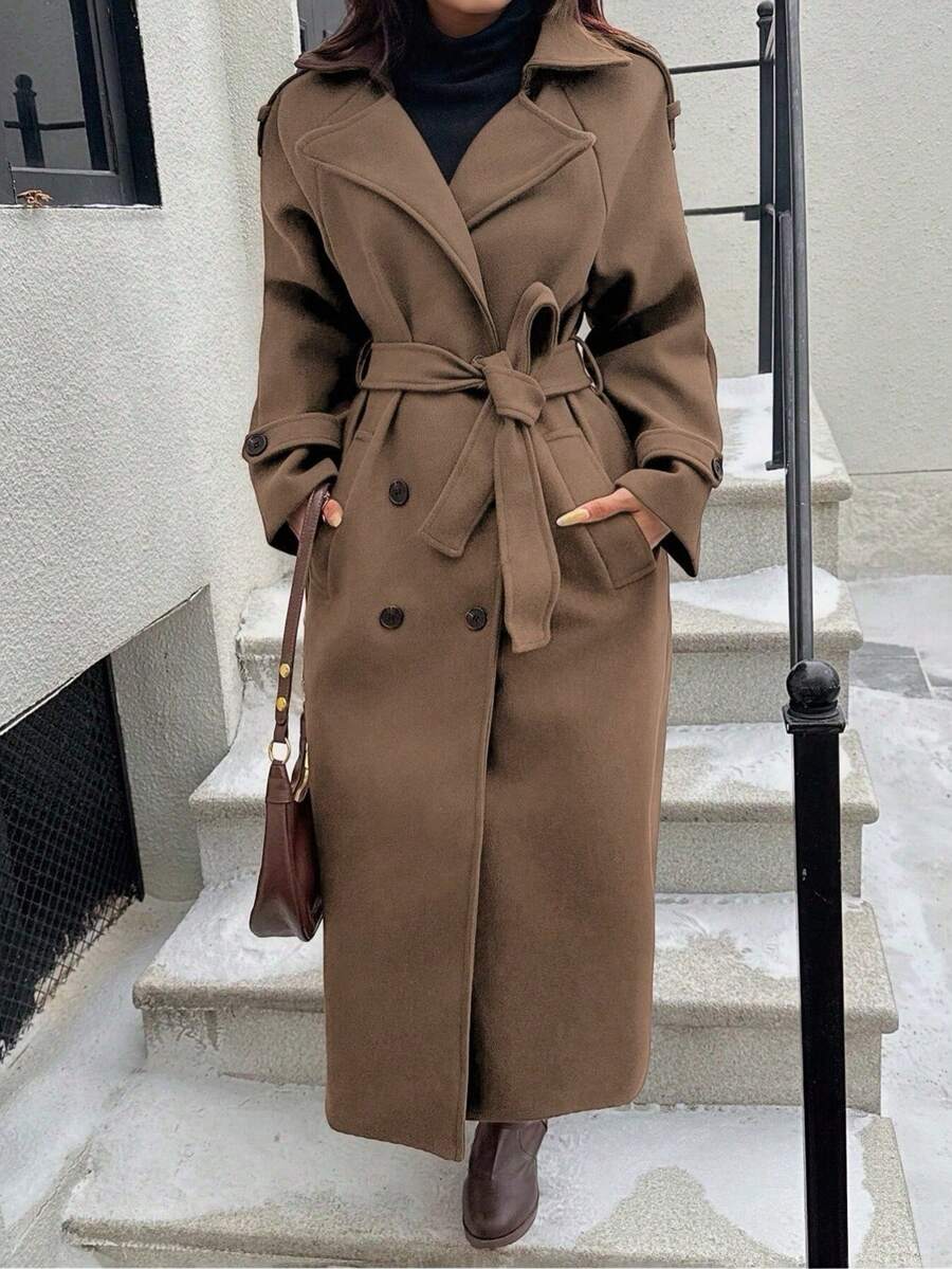 Laurel Double Breasted Belted Long Coat with Peak Lapels - Camel
