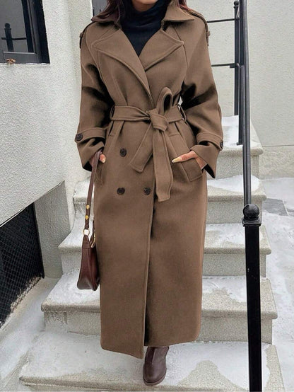 Laurel Double Breasted Belted Long Coat with Peak Lapels - Camel