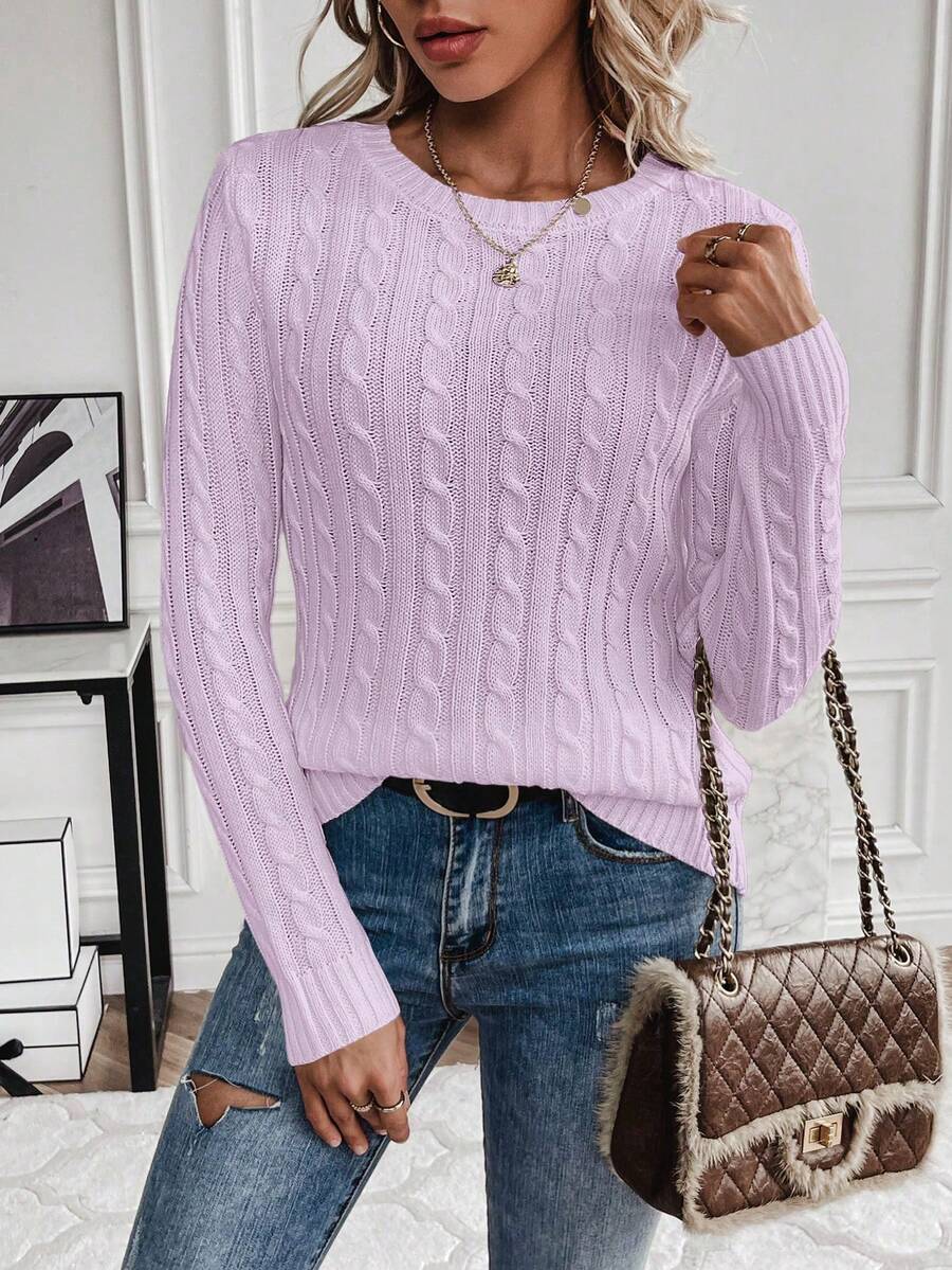 Livia Twist Cable Knit Crew Neck Sweater Fitted Pullover - Lilac