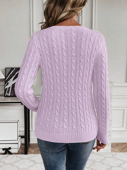 Livia Twist Cable Knit Crew Neck Sweater Fitted Pullover - Lilac