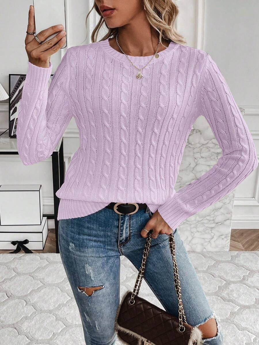 Livia Twist Cable Knit Crew Neck Sweater Fitted Pullover - Lilac