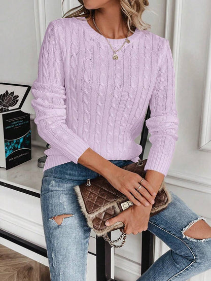 Livia Twist Cable Knit Crew Neck Sweater Fitted Pullover - Lilac