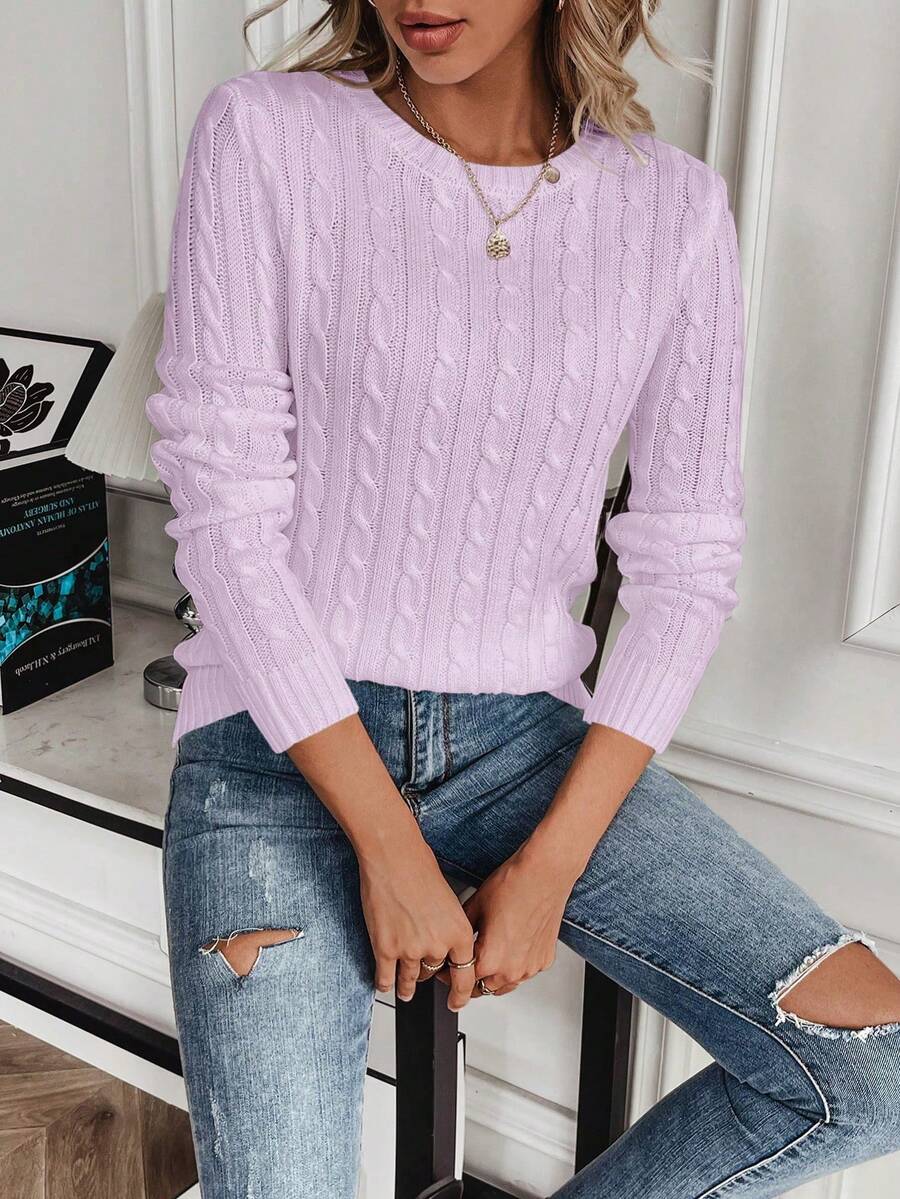 Livia Twist Cable Knit Crew Neck Sweater Fitted Pullover - Lilac