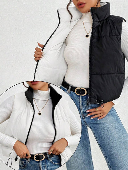 Hallstatt Short Zip Front Puffer Vest with Stand Collar - Black and White
