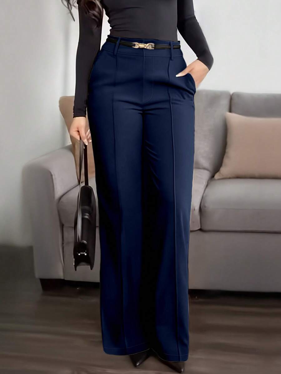 Honora High Waist Seamed Straight Leg Trousers - Navy Blue