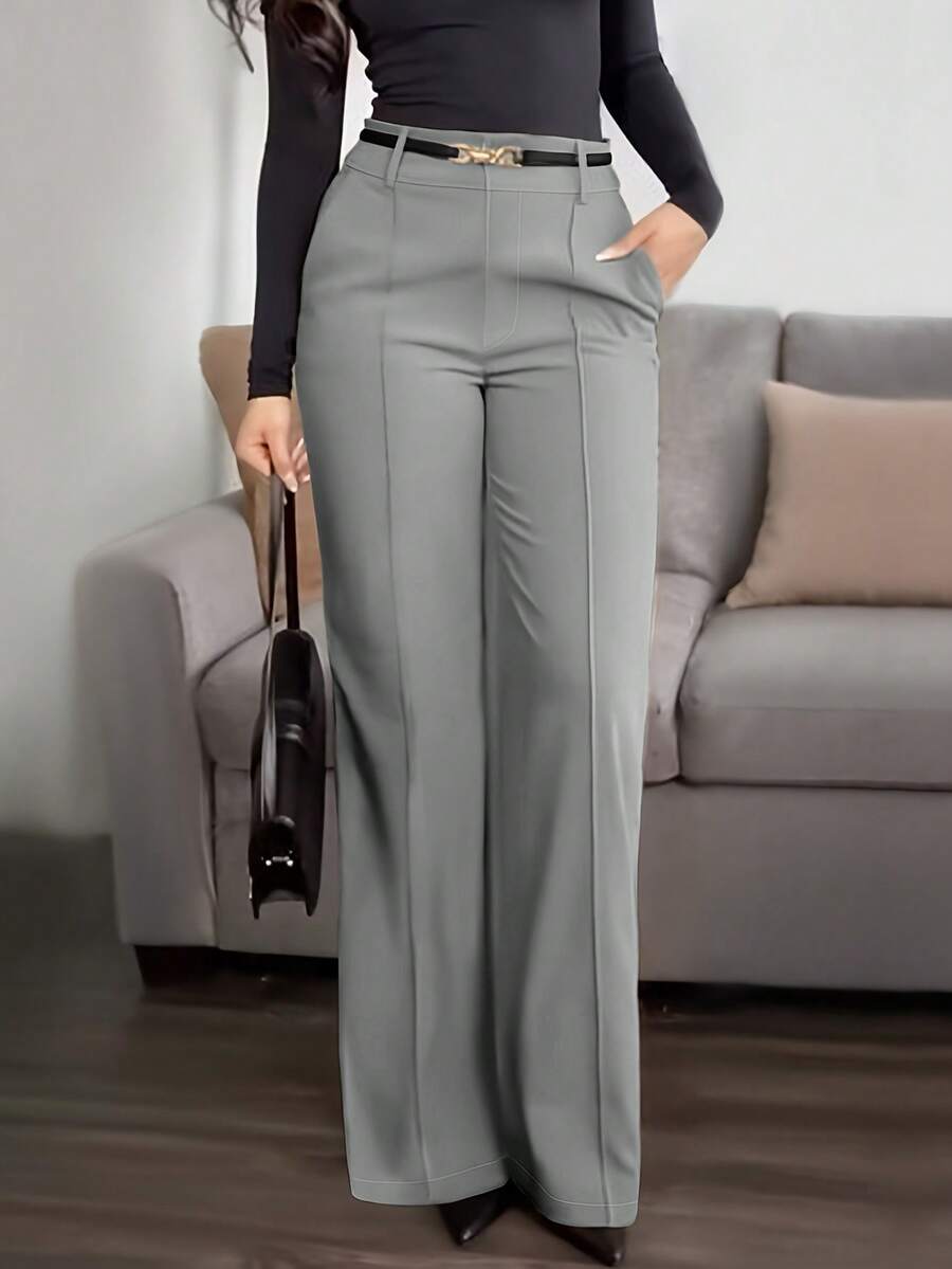Honora High Waist Seamed Straight Leg Trousers - Light Grey
