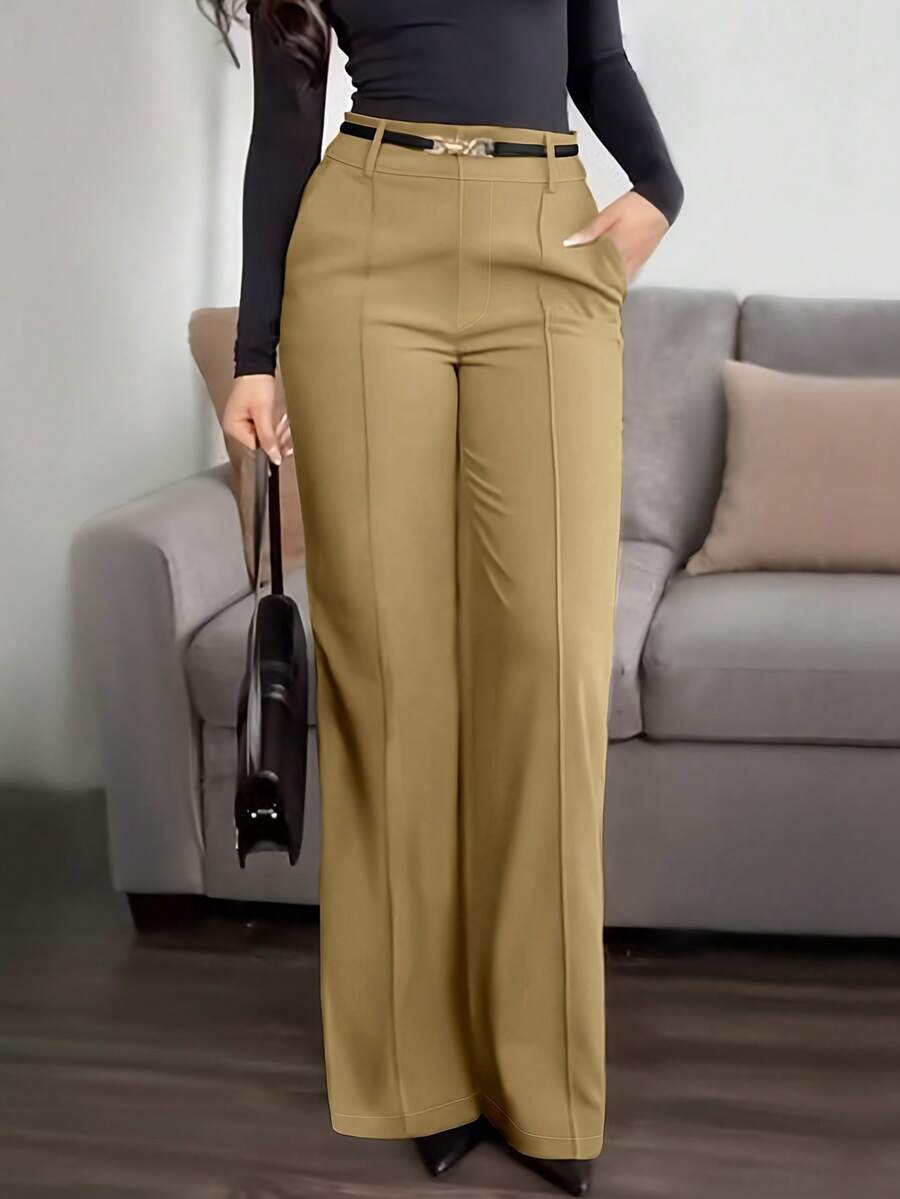 Honora High Waist Seamed Straight Leg Trousers - Khaki