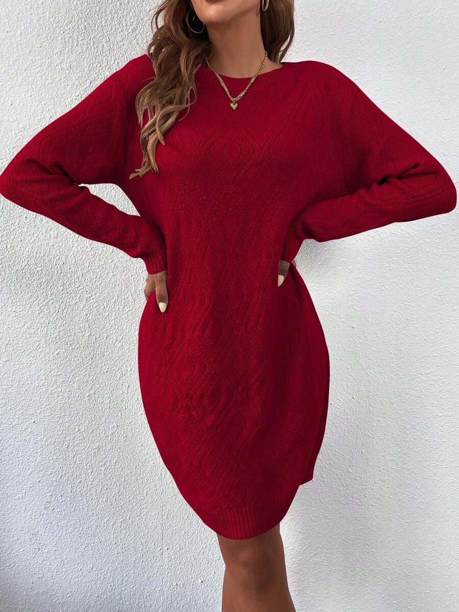 Women's Drop Shoulder Knit Sweater Dress, Relaxed Long Sleeve Dress for Fall Winter - Light Grey