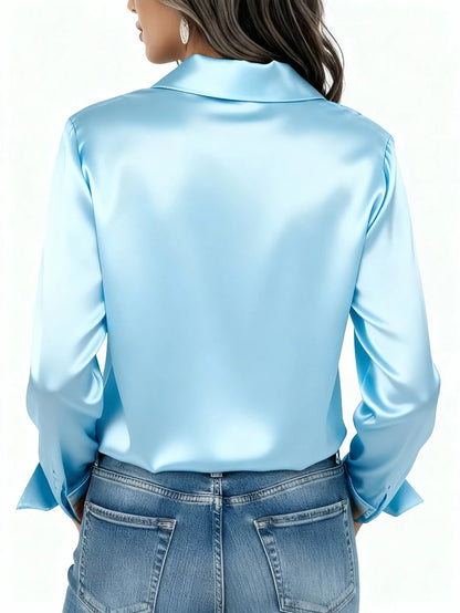 Valeria Satin Long Sleeve Button Down Collared Shirt - Sky Blue
