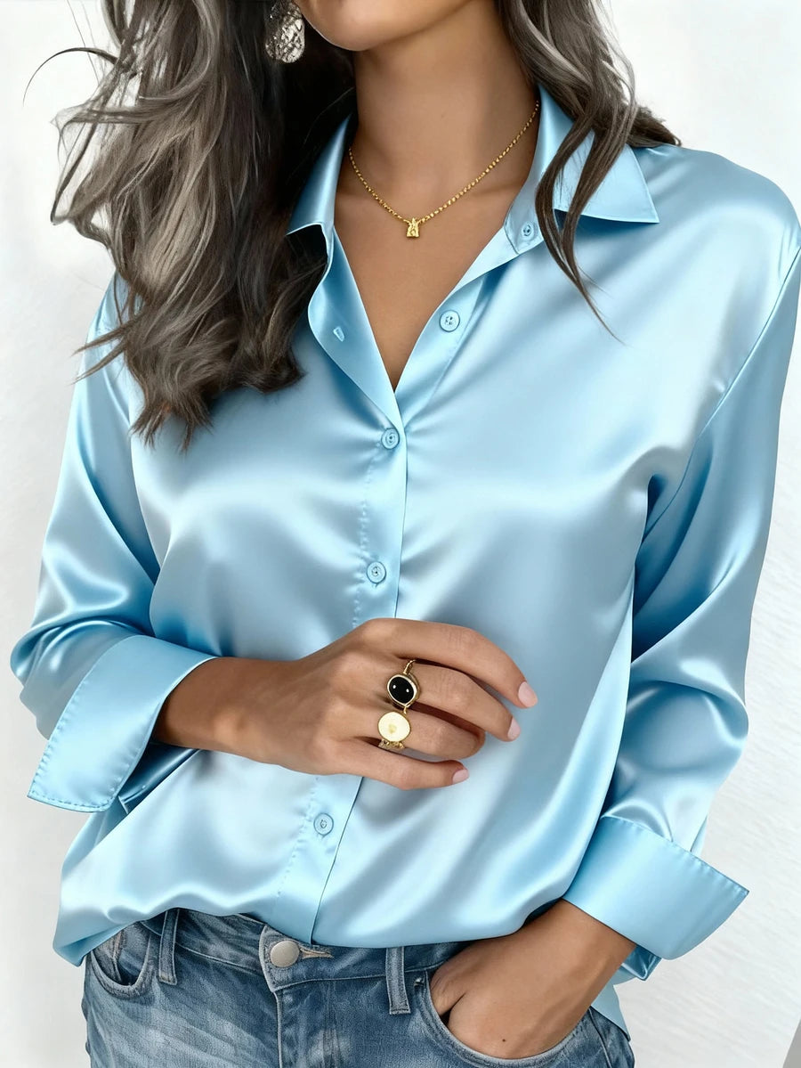 Valeria Satin Long Sleeve Button Down Collared Shirt - Sky Blue