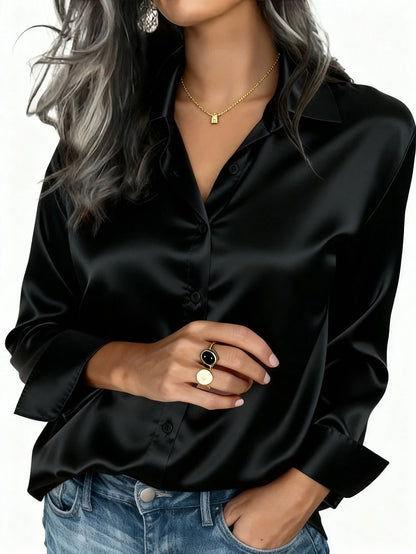 Valeria Satin Long Sleeve Button Down Collared Shirt - Black