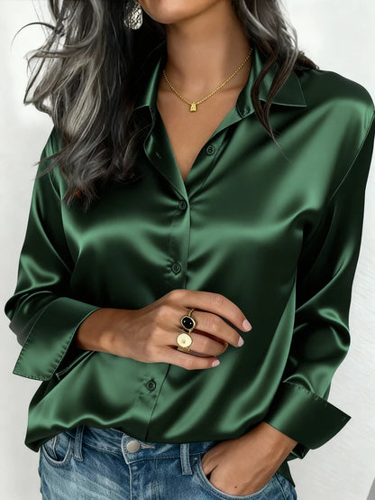 Valeria Satin Long Sleeve Button Down Collared Shirt - Emerald Green