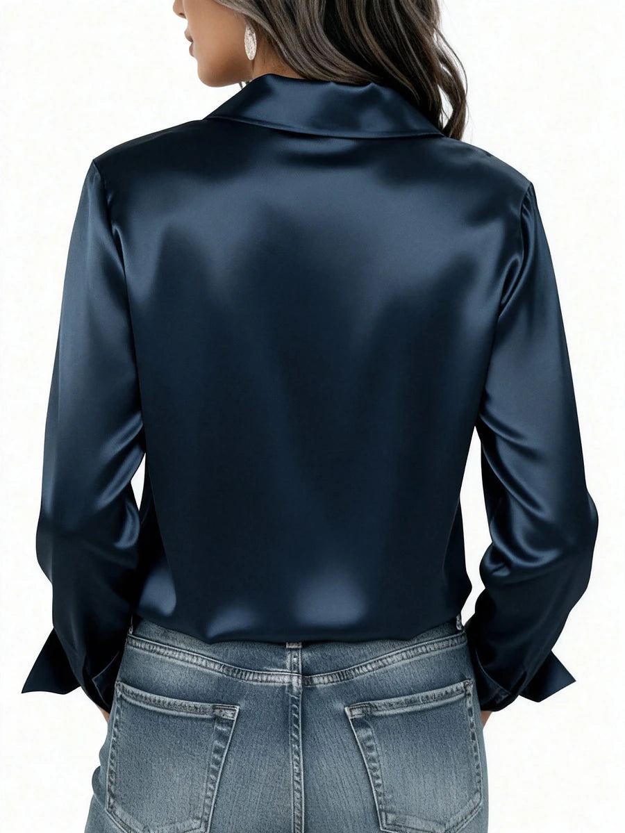 Valeria Satin Long Sleeve Button Down Collared Shirt - Navy Blue