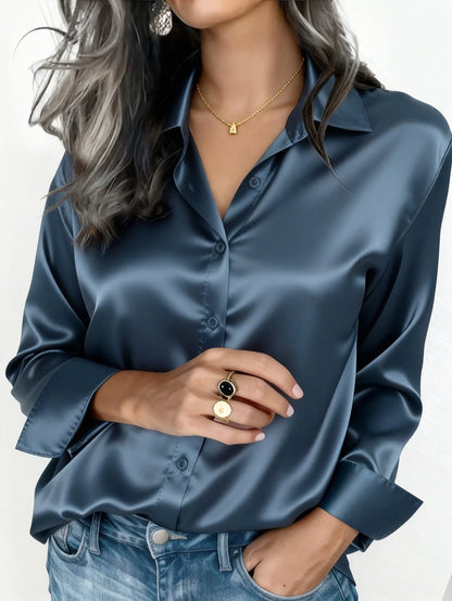 Valeria Satin Long Sleeve Button Down Collared Shirt - Navy Blue