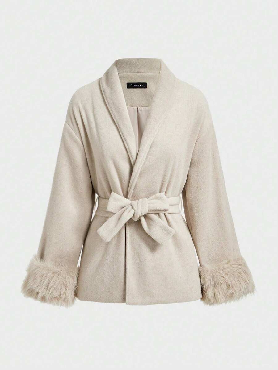 Flavia Belted Wrap Coat with Faux Fur Cuffs and Shawl Collar - Beige