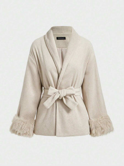 Flavia Belted Wrap Coat with Faux Fur Cuffs and Shawl Collar - Beige