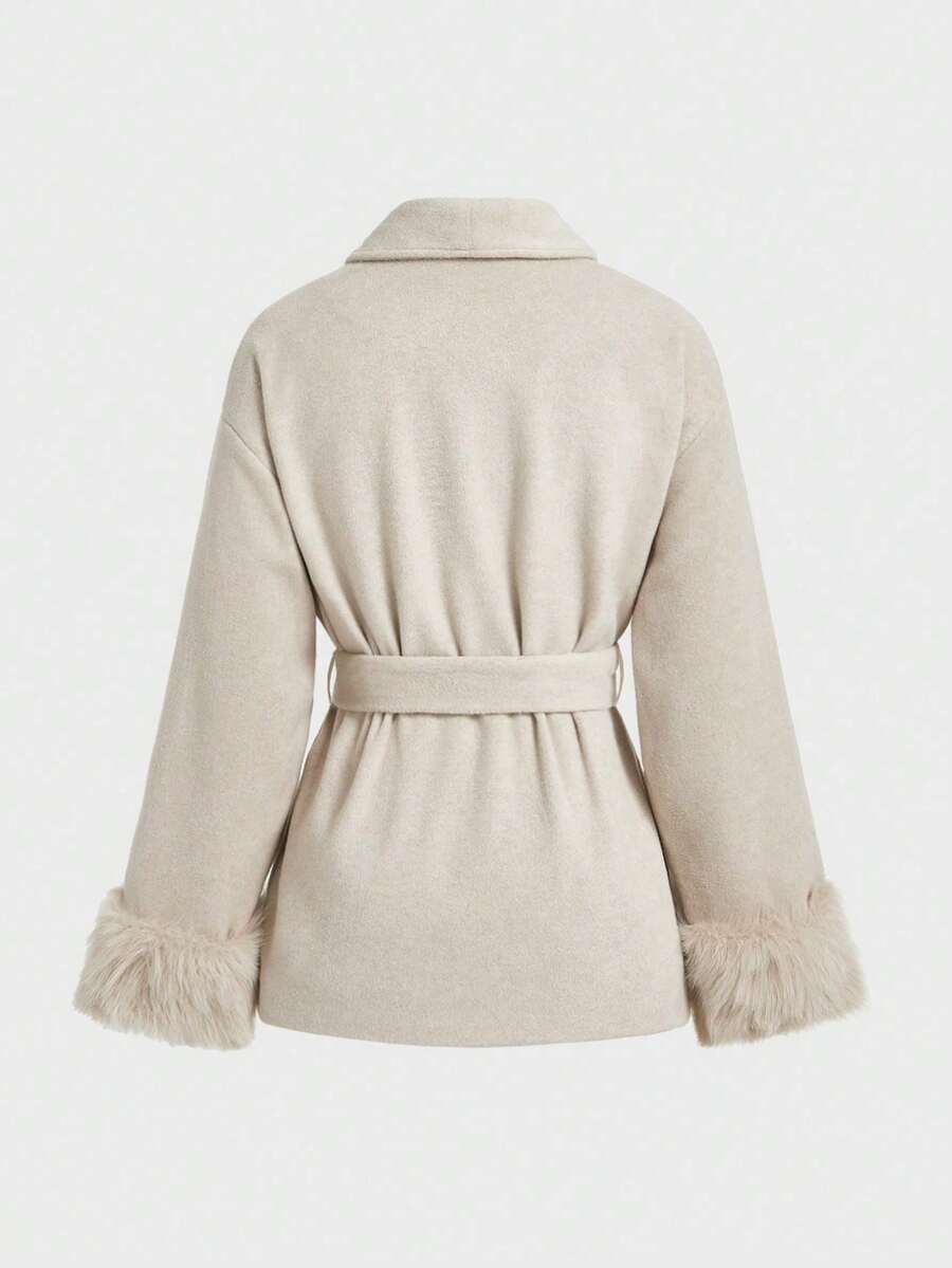 Flavia Belted Wrap Coat with Faux Fur Cuffs and Shawl Collar - Beige