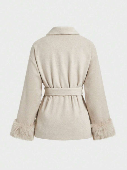 Flavia Belted Wrap Coat with Faux Fur Cuffs and Shawl Collar - Beige