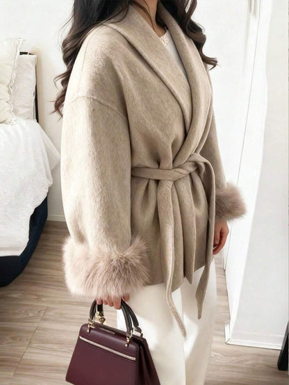 Flavia Belted Wrap Coat with Faux Fur Cuffs and Shawl Collar - Beige
