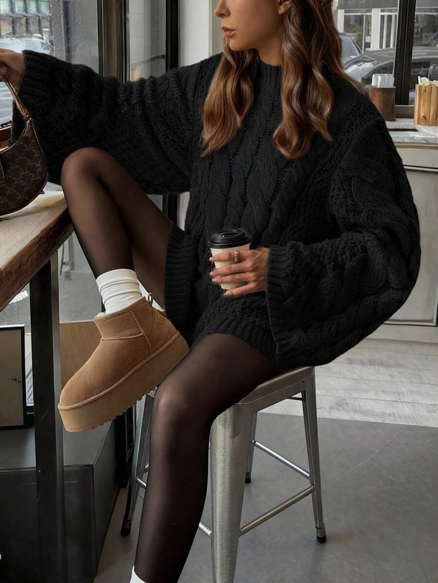 Ondine Oversized Cable Knit Sweater with Wide Bell Sleeves - Black