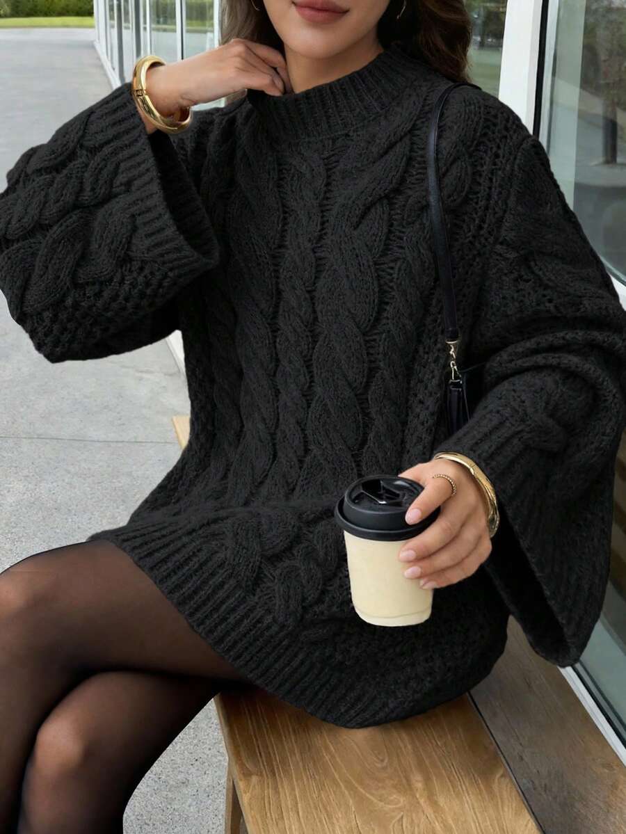 Ondine Oversized Cable Knit Sweater with Wide Bell Sleeves - Black