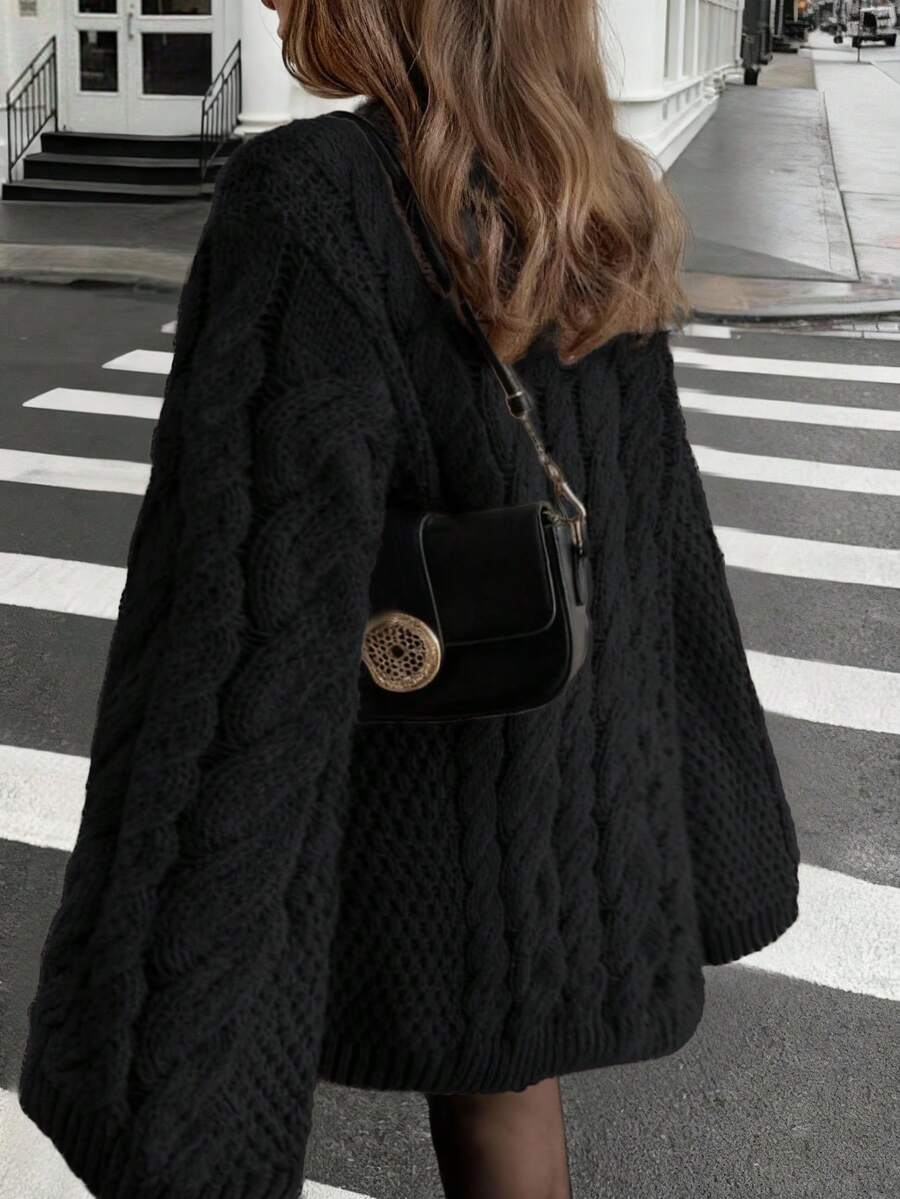 Ondine Oversized Cable Knit Sweater with Wide Bell Sleeves - Black