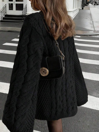 Ondine Oversized Cable Knit Sweater with Wide Bell Sleeves - Black