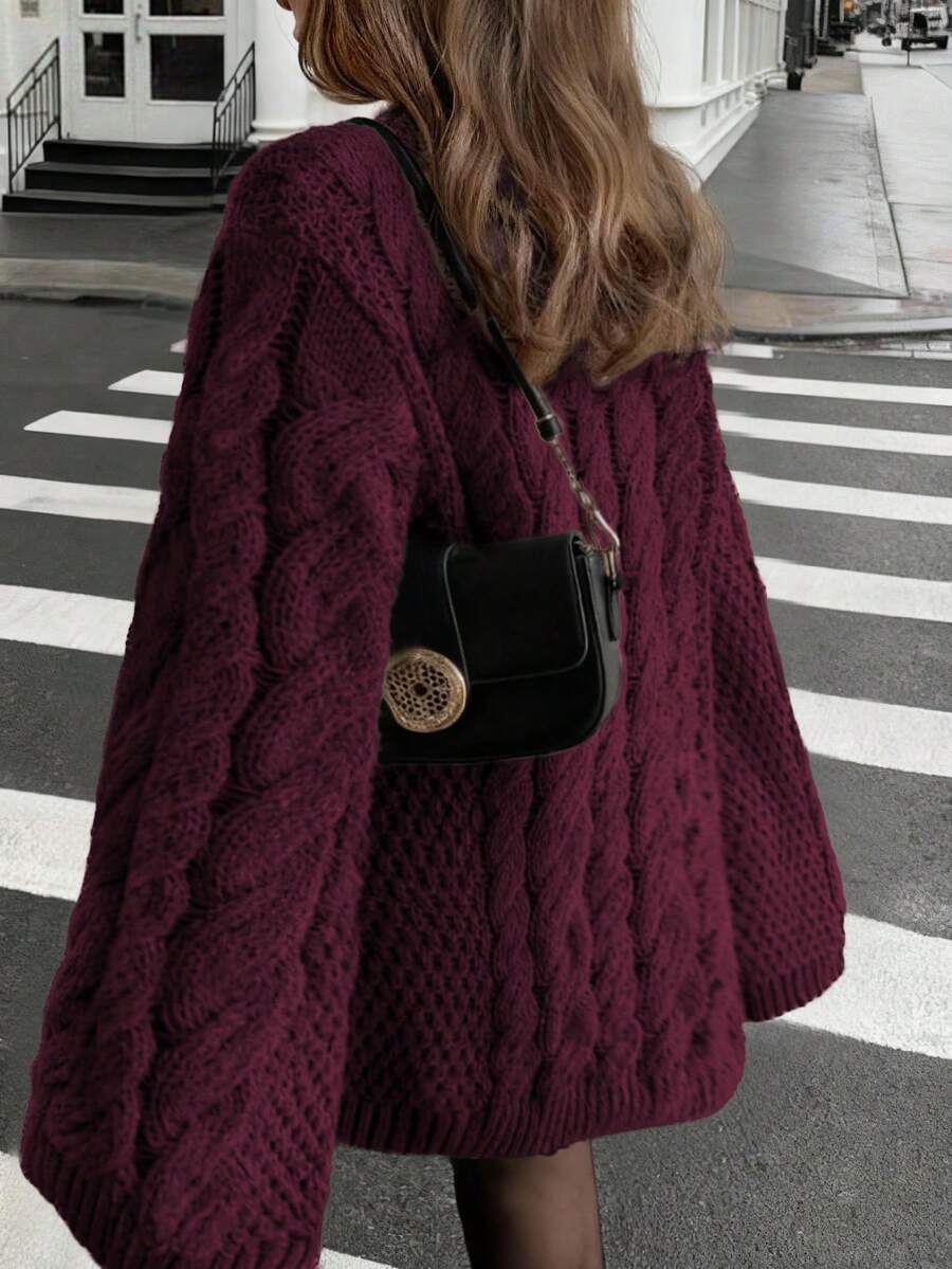 Ondine Oversized Cable Knit Sweater with Wide Bell Sleeves - Burgundy
