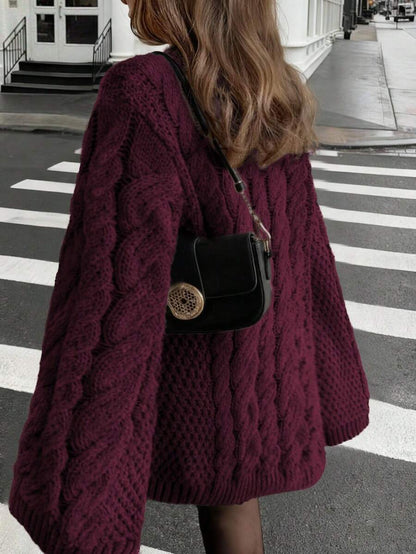 Ondine Oversized Cable Knit Sweater with Wide Bell Sleeves - Burgundy
