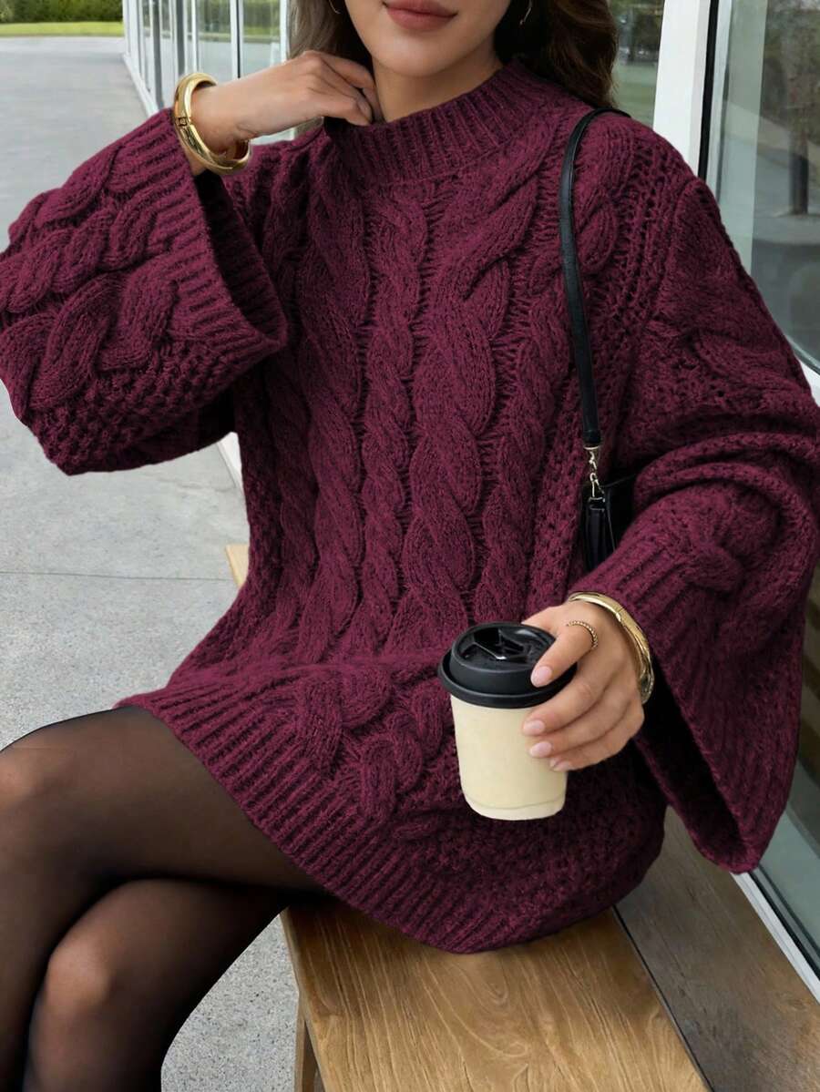 Ondine Oversized Cable Knit Sweater with Wide Bell Sleeves - Burgundy
