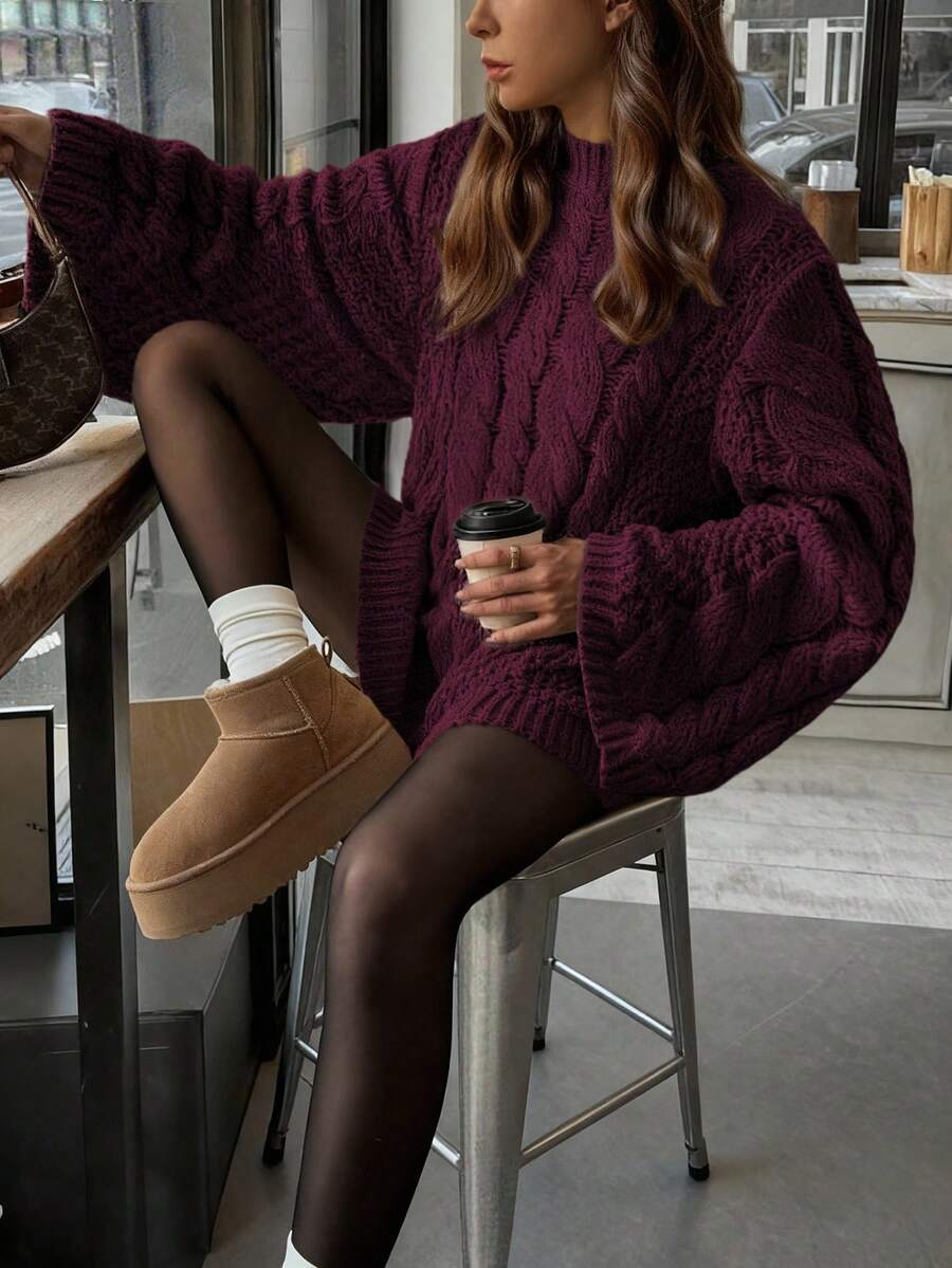 Ondine Oversized Cable Knit Sweater with Wide Bell Sleeves - Burgundy