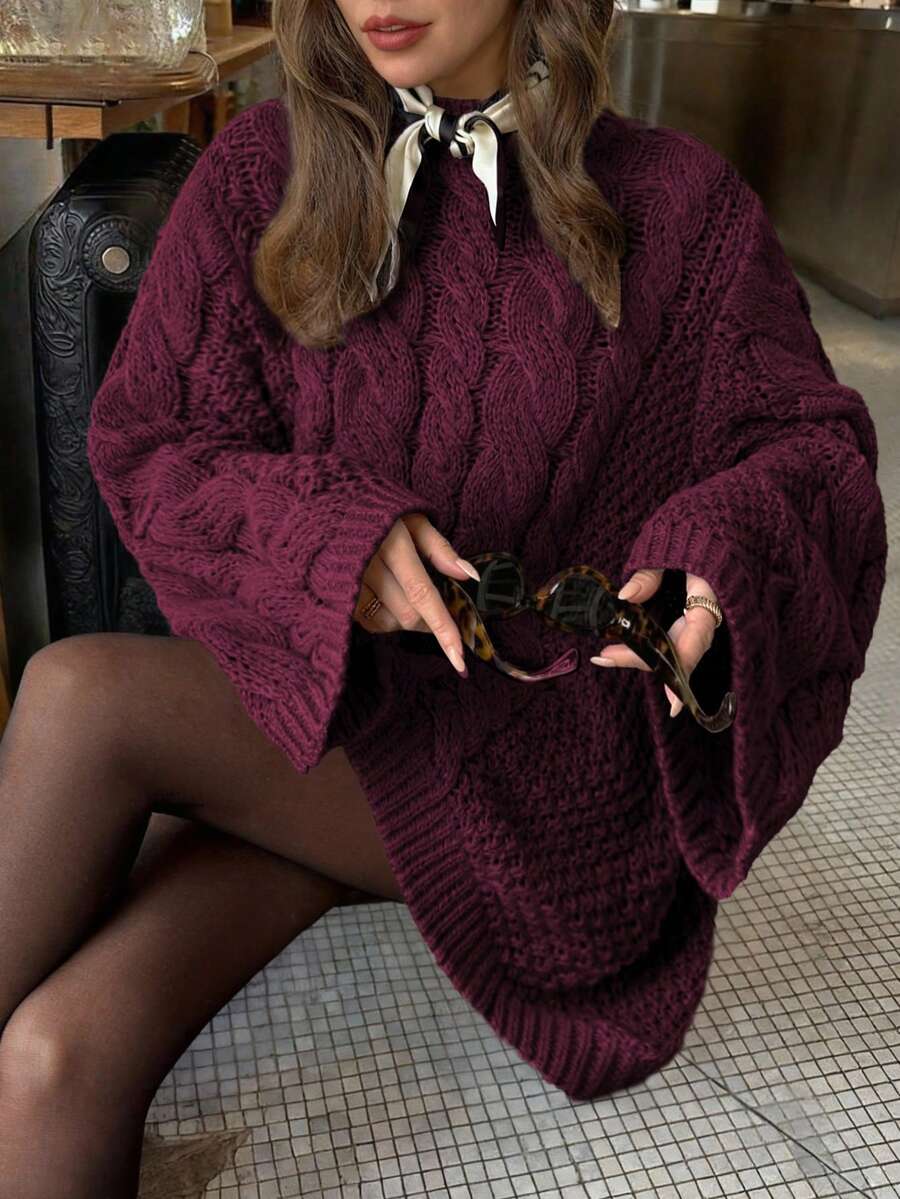 Ondine Oversized Cable Knit Sweater with Wide Bell Sleeves - Burgundy