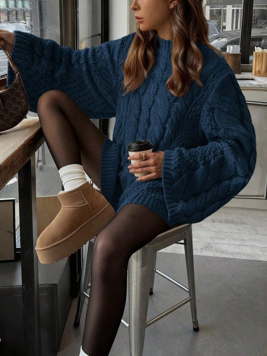 Ondine Oversized Cable Knit Sweater with Wide Bell Sleeves - Denim Blue
