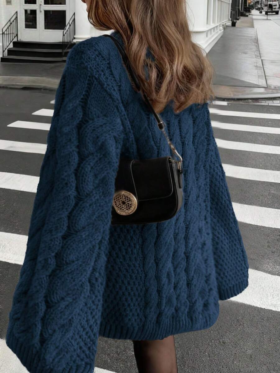 Ondine Oversized Cable Knit Sweater with Wide Bell Sleeves - Denim Blue