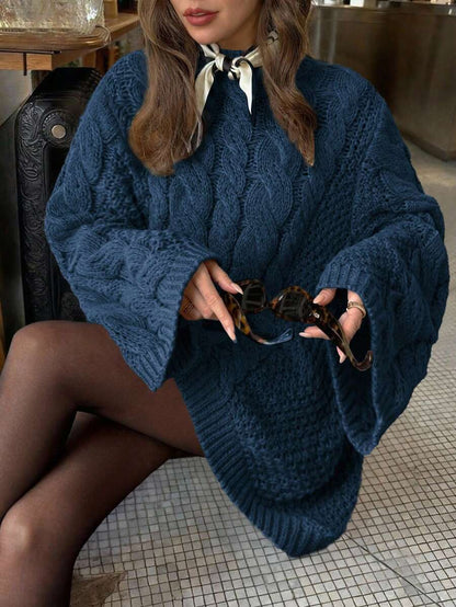 Ondine Oversized Cable Knit Sweater with Wide Bell Sleeves - Denim Blue