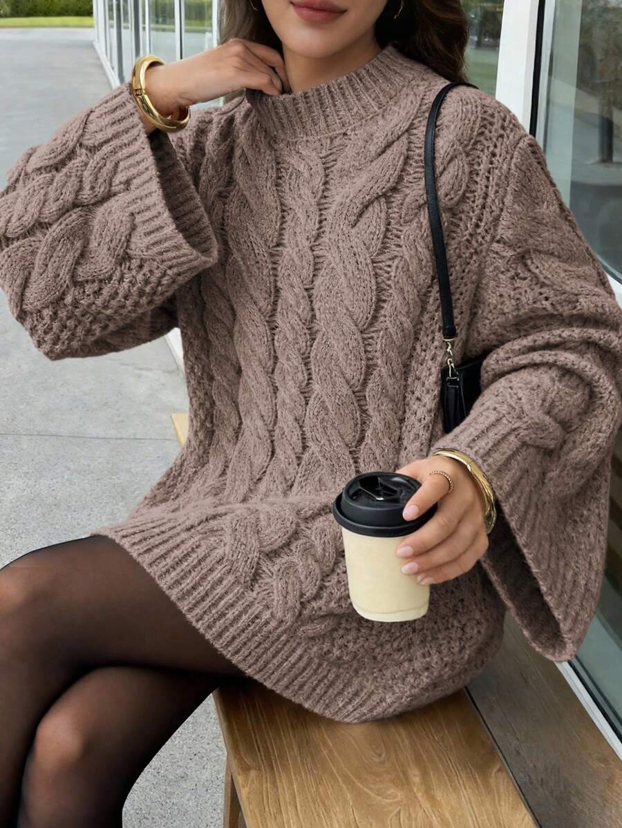 Ondine Oversized Cable Knit Sweater with Wide Bell Sleeves - Taupe