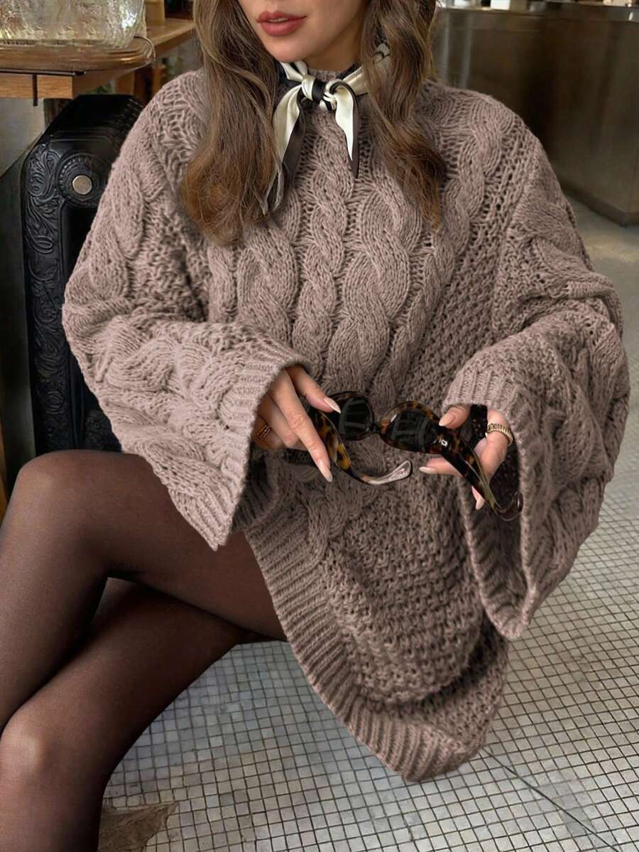 Ondine Oversized Cable Knit Sweater with Wide Bell Sleeves - Taupe